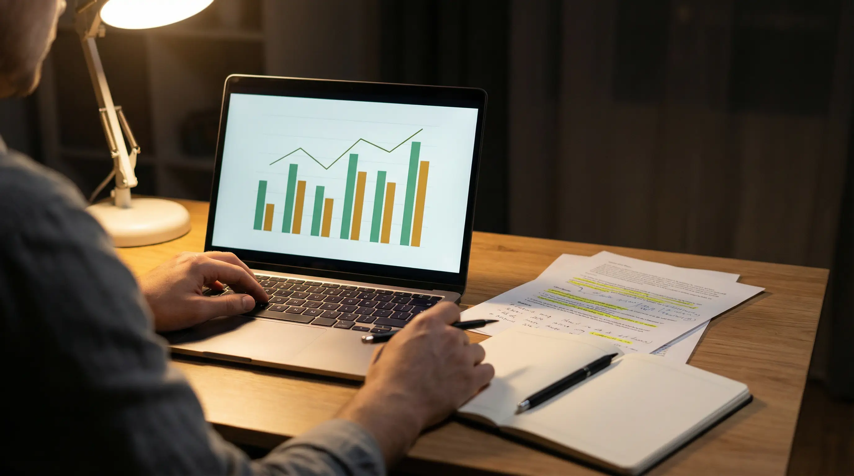 Persona che analizza statistiche NFL su un laptop con appunti e grafici sul tavolo