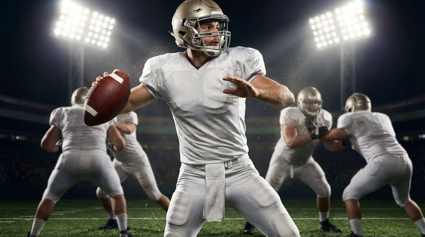 Quarterback NFL che lancia un passaggio durante una partita sotto le luci dello stadio