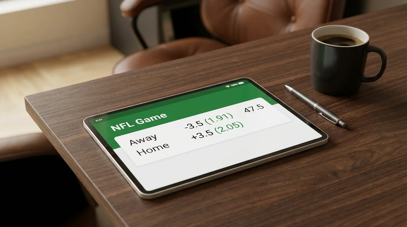 Schermata pulita di interfaccia per scommesse NFL con quote point spread e over under