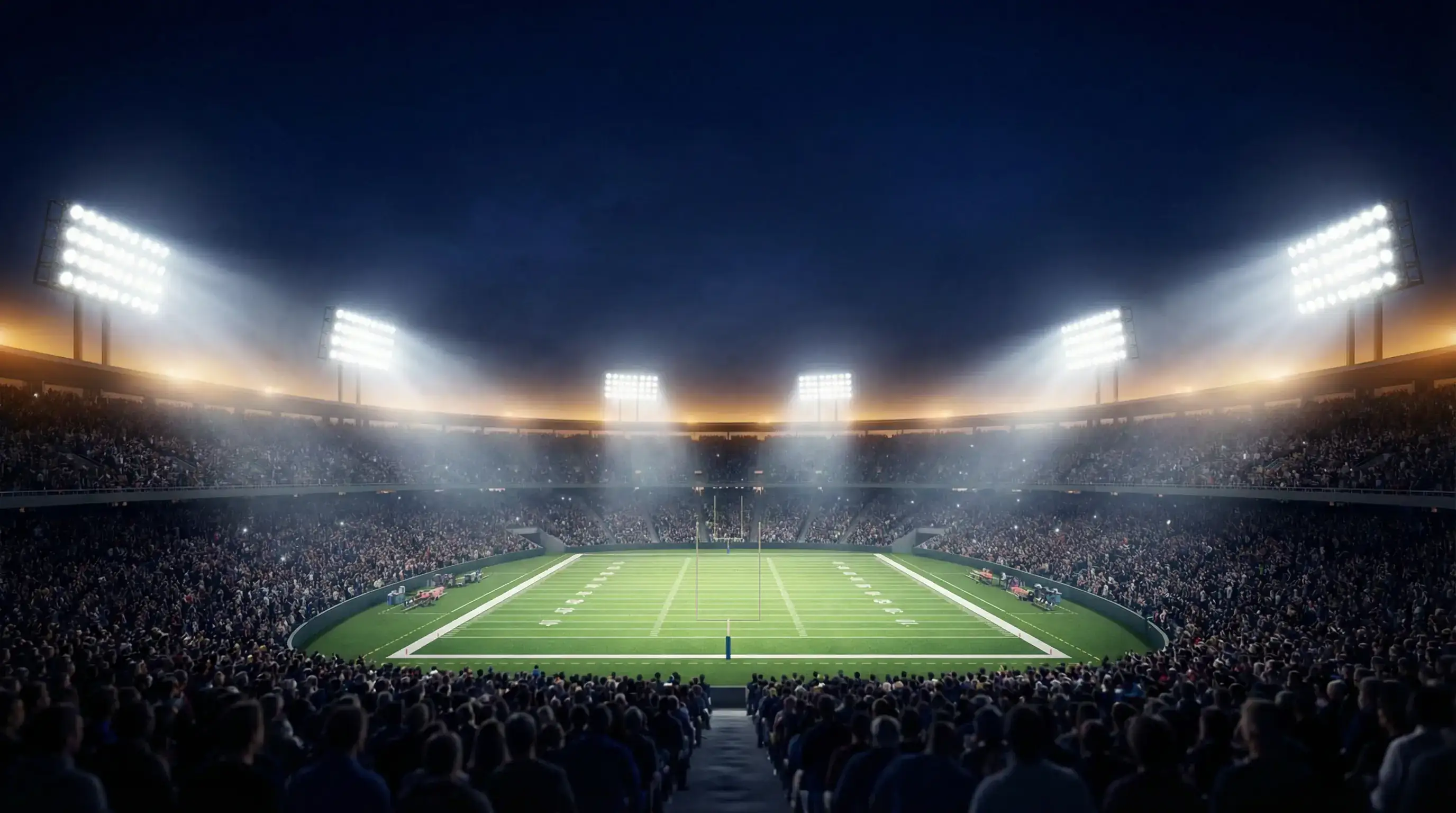 Stadio di football americano illuminato di notte con il campo verde visto dalla tribuna