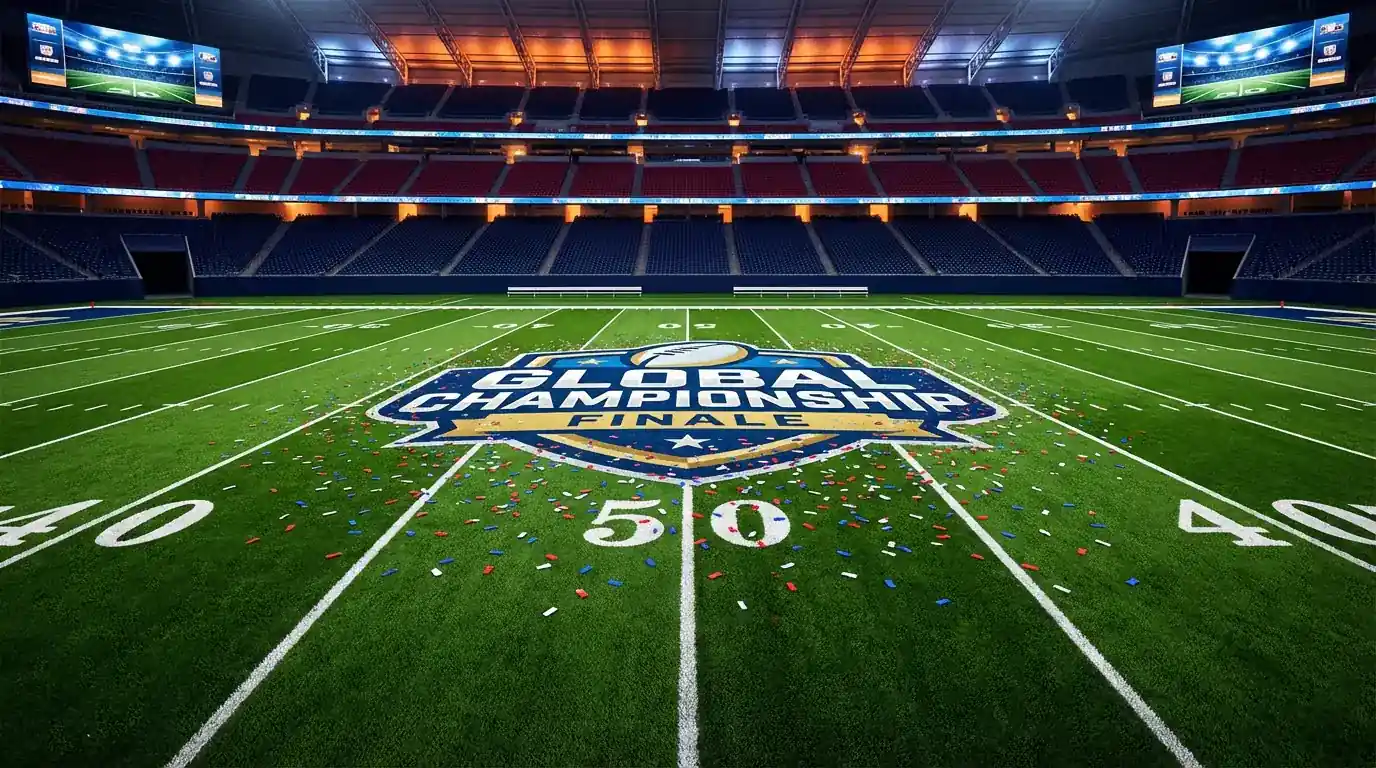 Campo di football americano preparato per la finale del Super Bowl con logo al centro